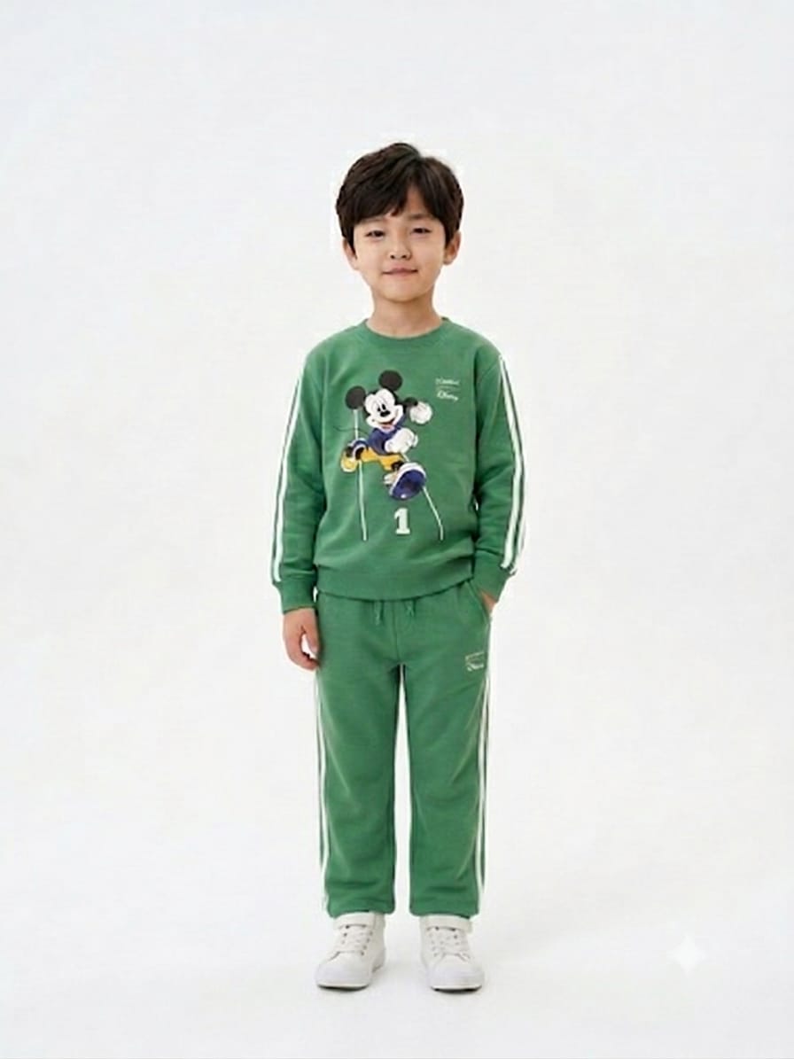 Boys' Green Mickey Mouse Printed Tracksuit Set.