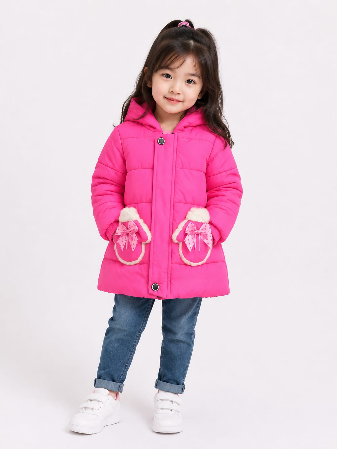 Girls' Bright Pink Hooded Puffer Jacket with Mitten Pockets.