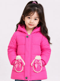 Girls' Bright Pink Hooded Puffer Jacket with Mitten Pockets.