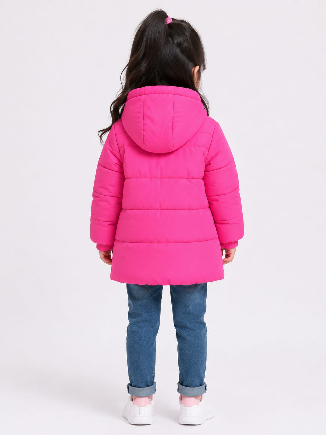 Girls' Bright Pink Hooded Puffer Jacket with Mitten Pockets.