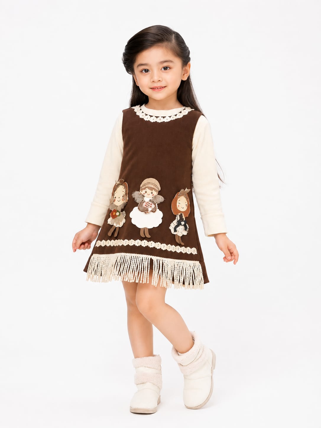 Girls' Ivory Embroidered Satin Party Dress with Detachable Capelet.