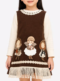 Girls' Ivory Embroidered Satin Party Dress with Detachable Capelet.