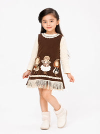 Girls' Ivory Embroidered Satin Party Dress with Detachable Capelet.