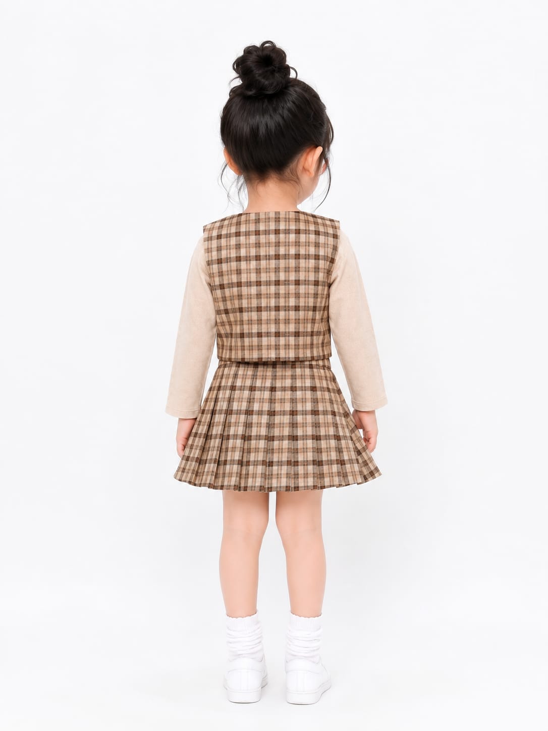 Girls' 3-Piece Plaid Waistcoat, Inner Top, and Skirt Set.