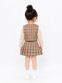 Girls' 3-Piece Plaid Waistcoat, Inner Top, and Skirt Set.