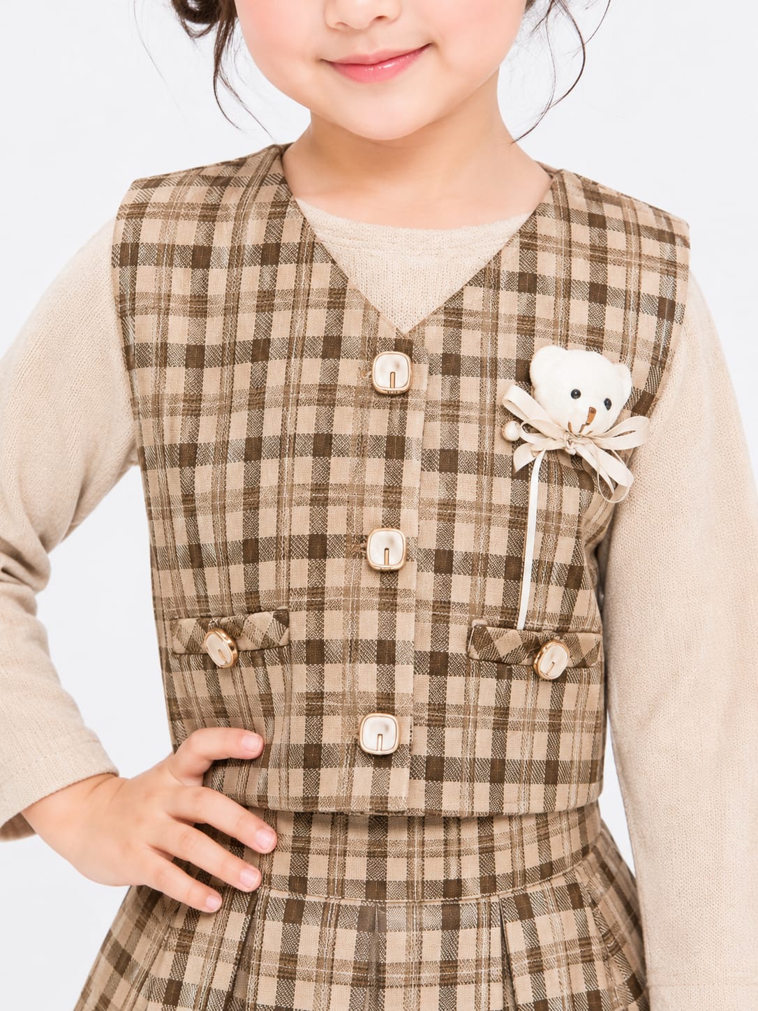 Girls' 3-Piece Plaid Waistcoat, Inner Top, and Skirt Set.
