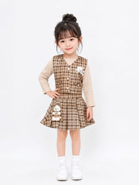 Girls' 3-Piece Plaid Waistcoat, Inner Top, and Skirt Set.