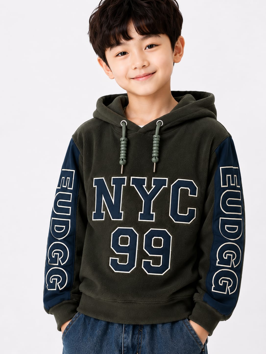 Boys' Olive Green & Navy Fleece "NYC 99" Hooded Sweatshirt.