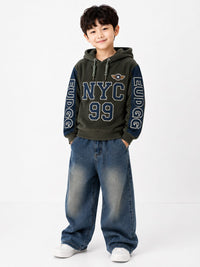 Boys' Olive Green & Navy Fleece "NYC 99" Hooded Sweatshirt.