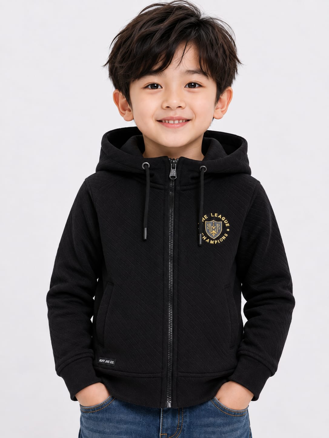 Boys' Black Textured Full-Zip Hooded Jacket.