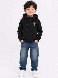 Boys' Black Textured Full-Zip Hooded Jacket.