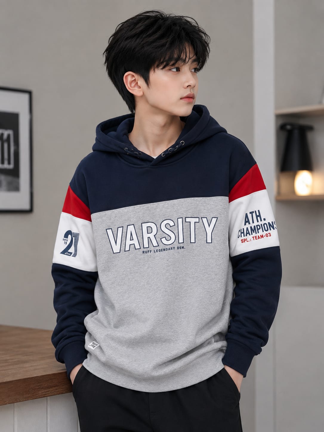 Boys' Color-Blocked "Varsity" Hooded Sweatshirt.