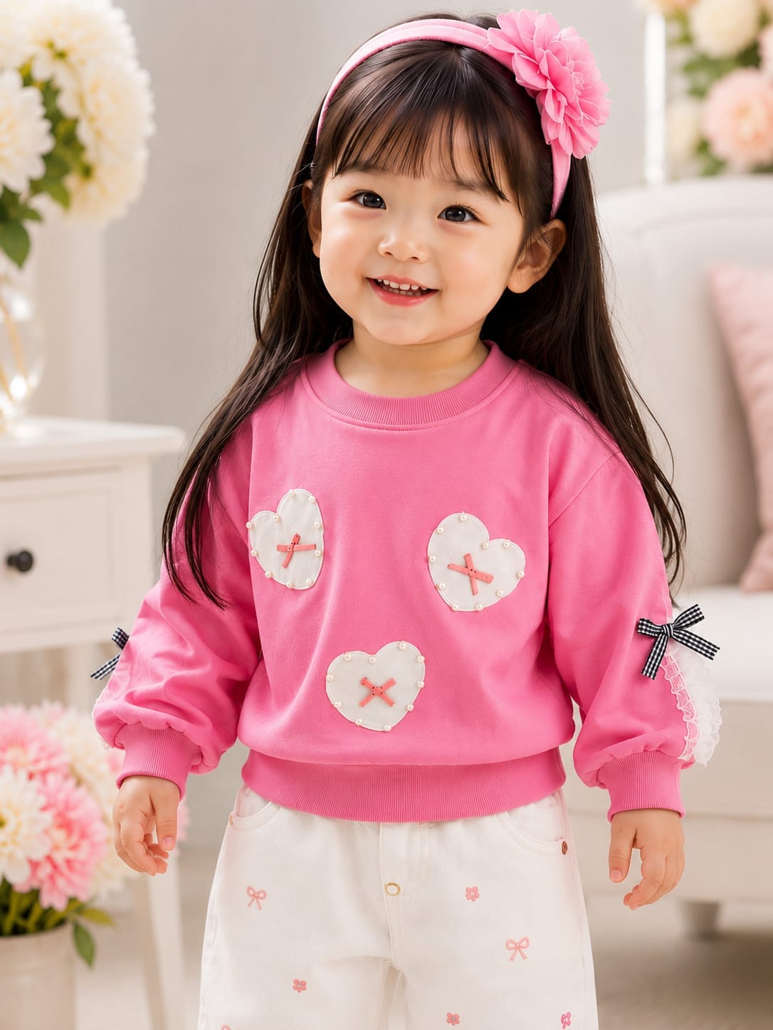 Girls' Heart Patch Pullover Sweatshirt with Ribbon Accents.