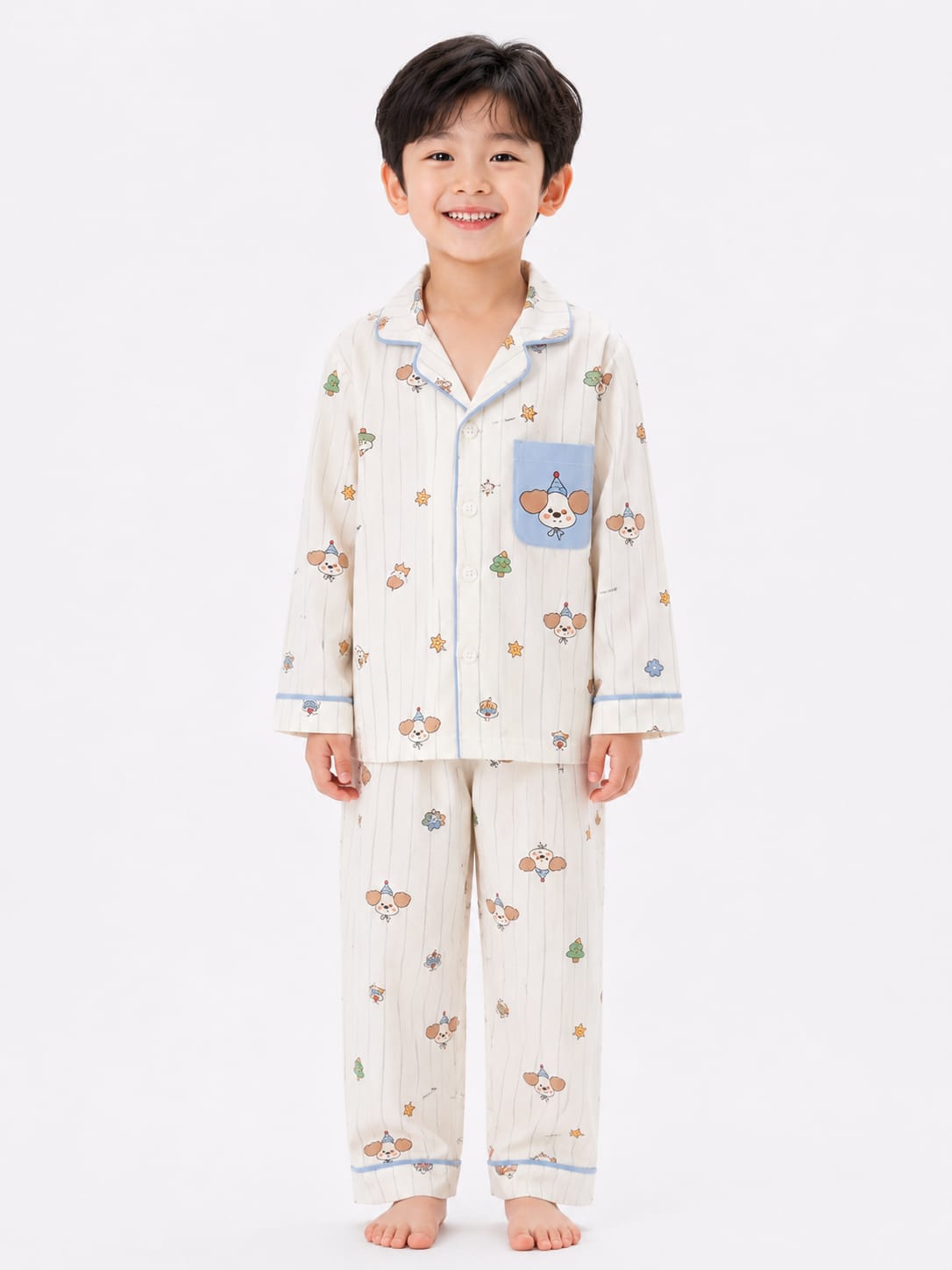 Boys' Off-White Striped Party Dog Printed Pyjama Nightwear Set