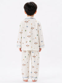 Boys' Off-White Striped Party Dog Printed Pyjama Nightwear Set