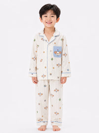 Boys' Off-White Striped Party Dog Printed Pyjama Nightwear Set