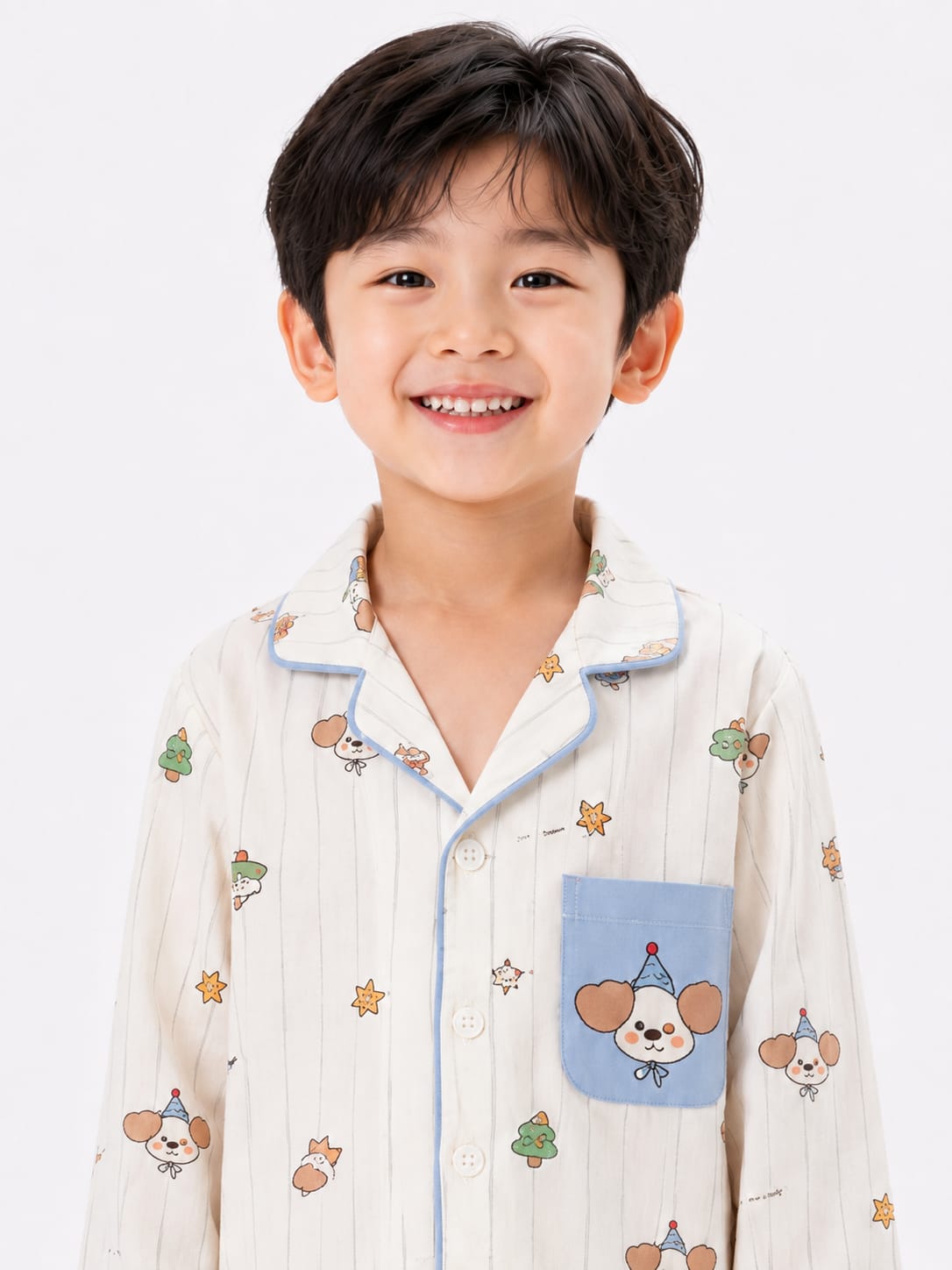 Boys' Off-White Striped Party Dog Printed Pyjama Nightwear Set