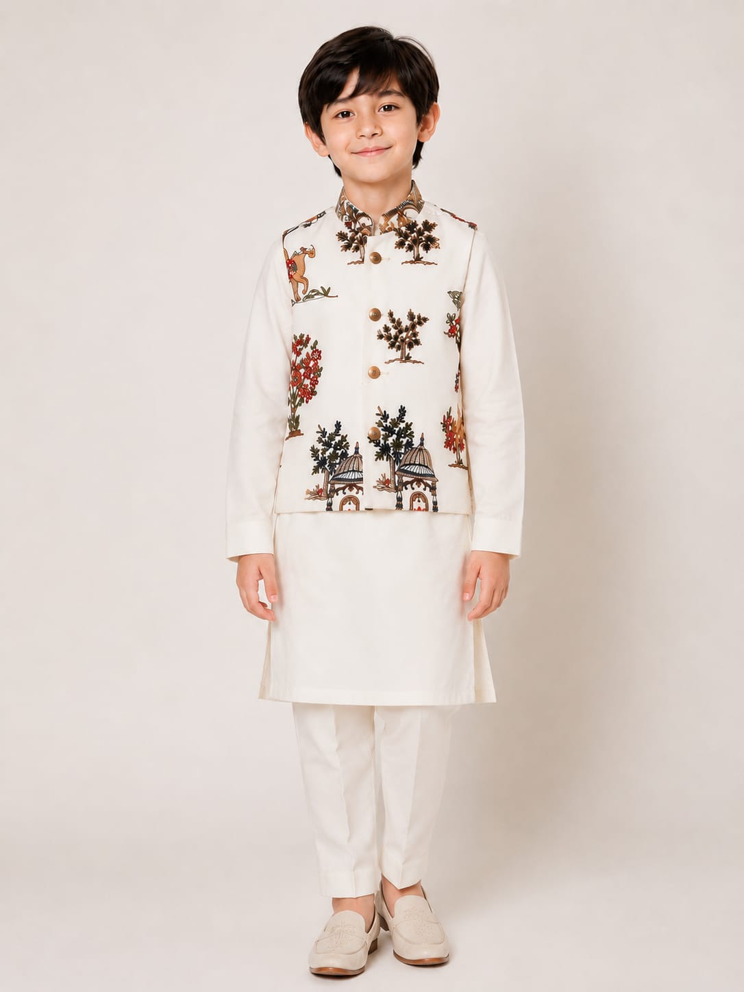 Boys' Printed Nehru Jacket with Kurta & Pyjama Set.