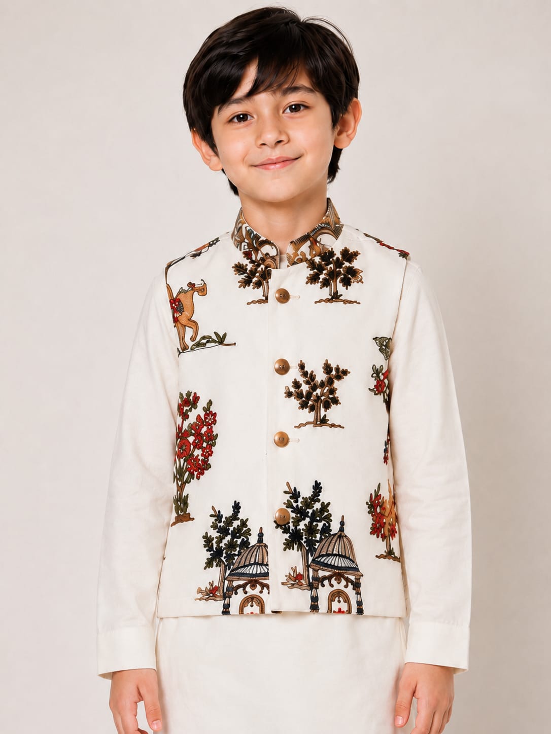 Boys' Printed Nehru Jacket with Kurta & Pyjama Set.