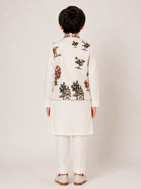 Boys' Printed Nehru Jacket with Kurta & Pyjama Set.