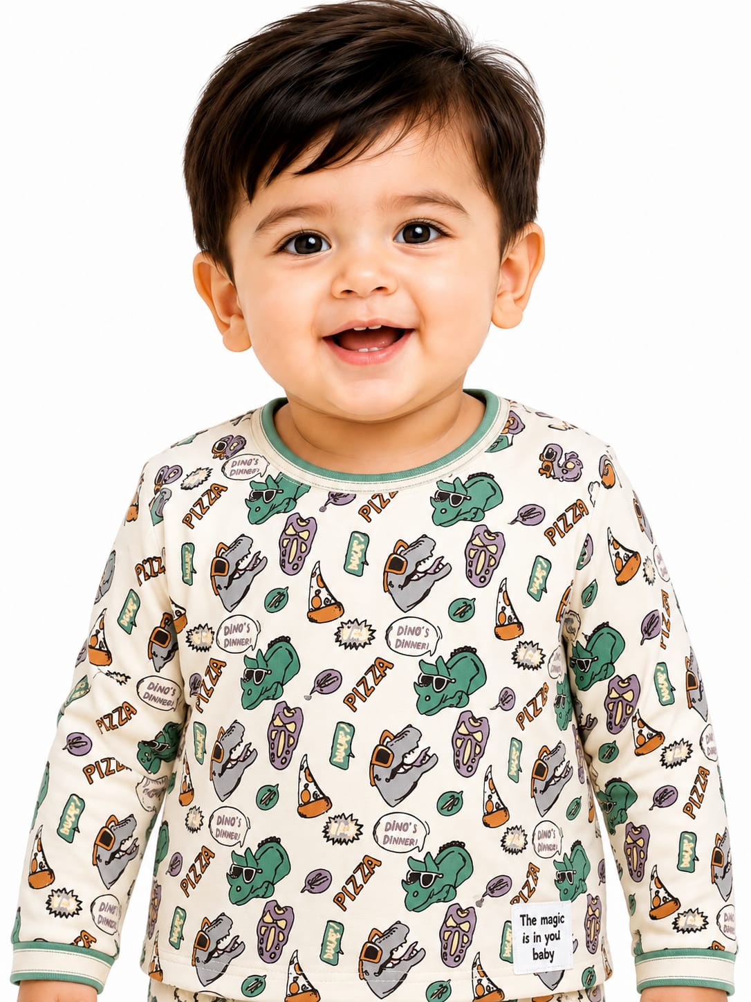 Baby Boys' Dinosaur & Pizza Print Full Sleeve Nightwear/Loungewear Set.