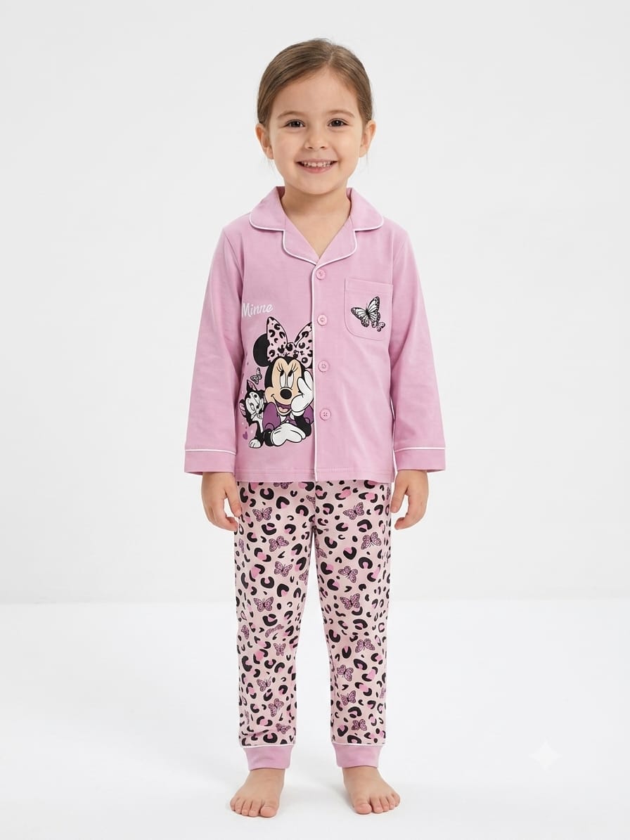 Girls' Pink Minnie Mouse & Leopard Print Pyjama Nightwear Set.