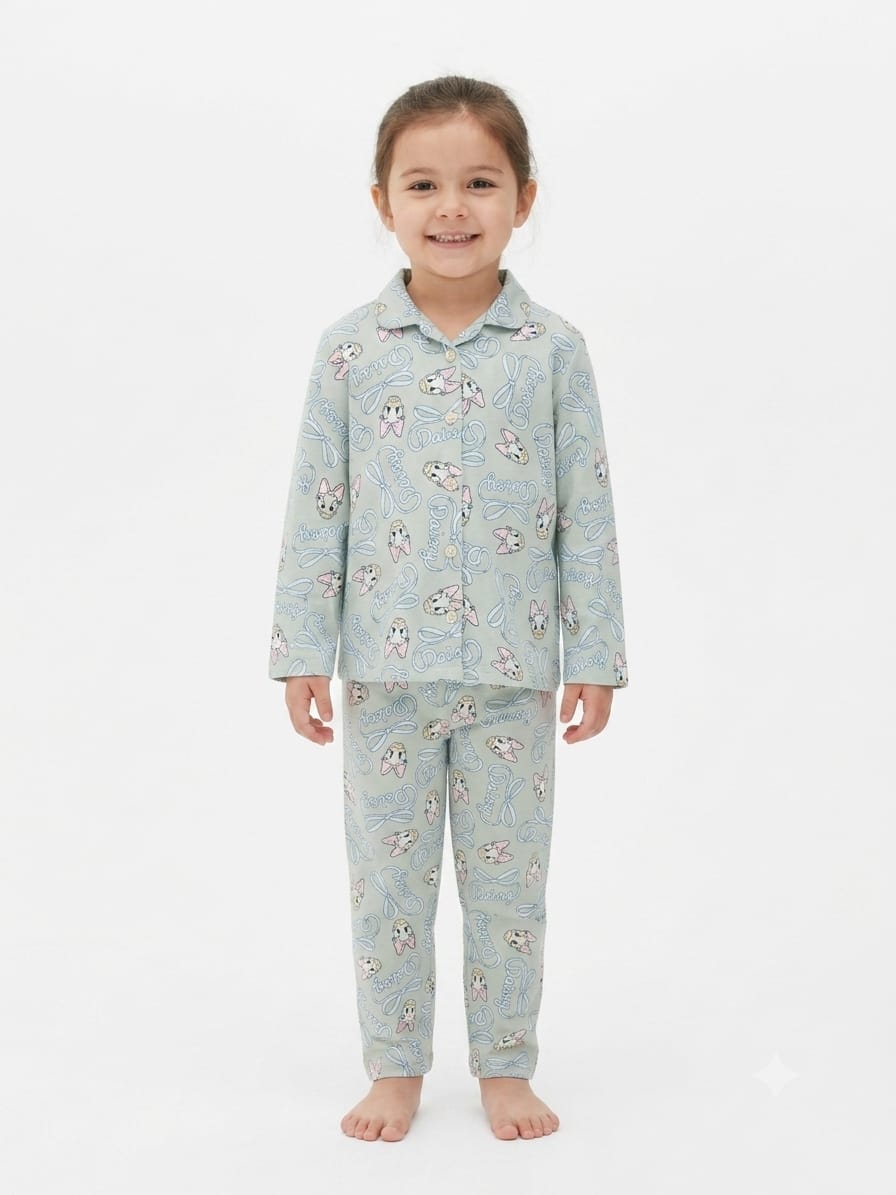 Girls' Sage Green Daisy Duck Printed Pyjama Nightwear Set