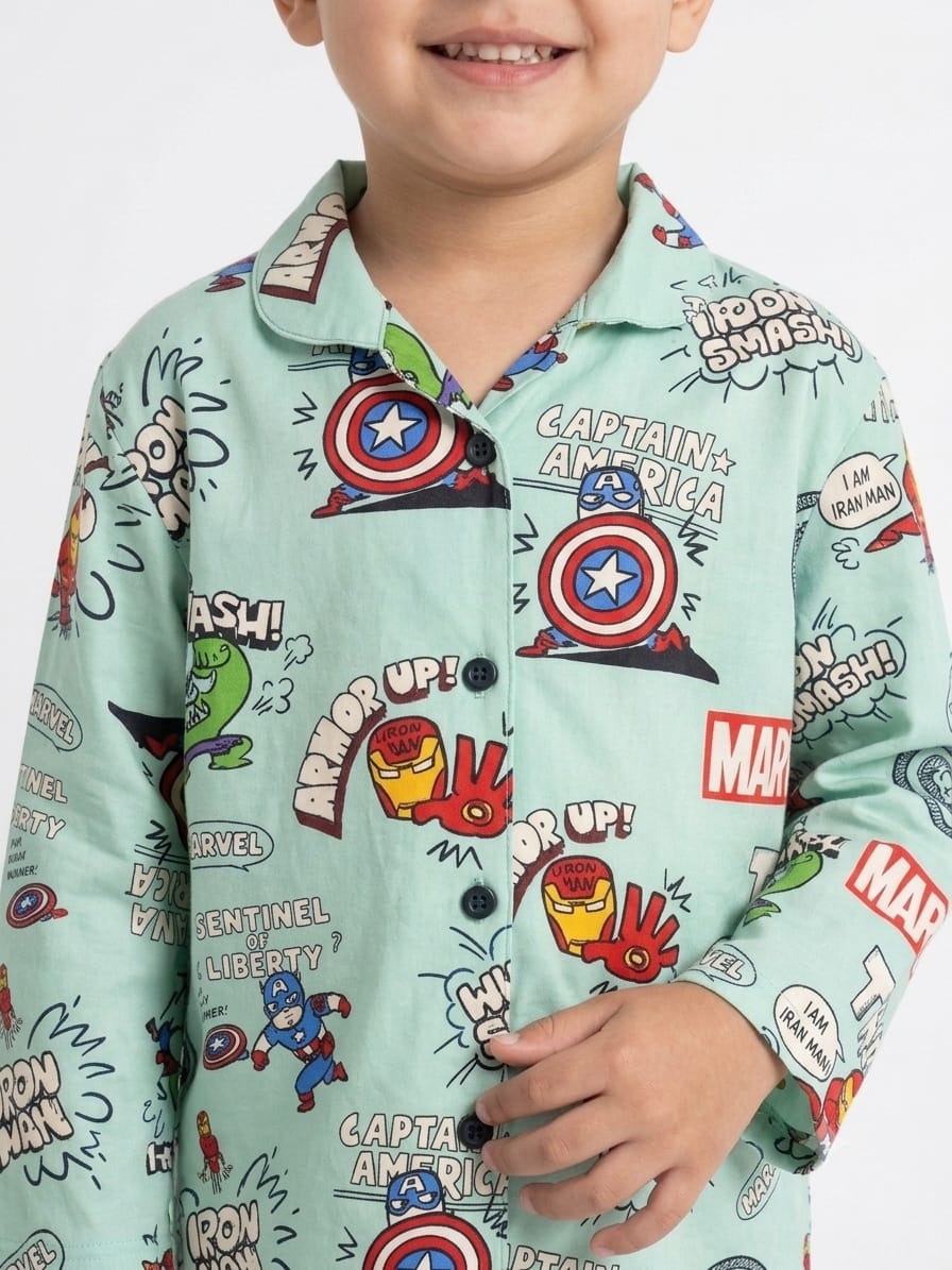 Boys' Mint Green Marvel Avengers Printed Pyjama Nightwear Set.