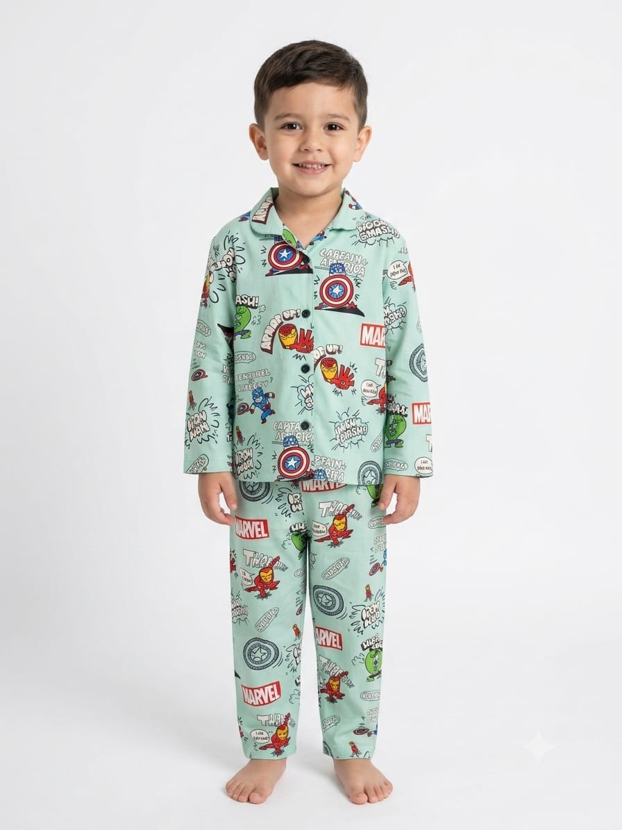 Boys' Mint Green Marvel Avengers Printed Pyjama Nightwear Set.