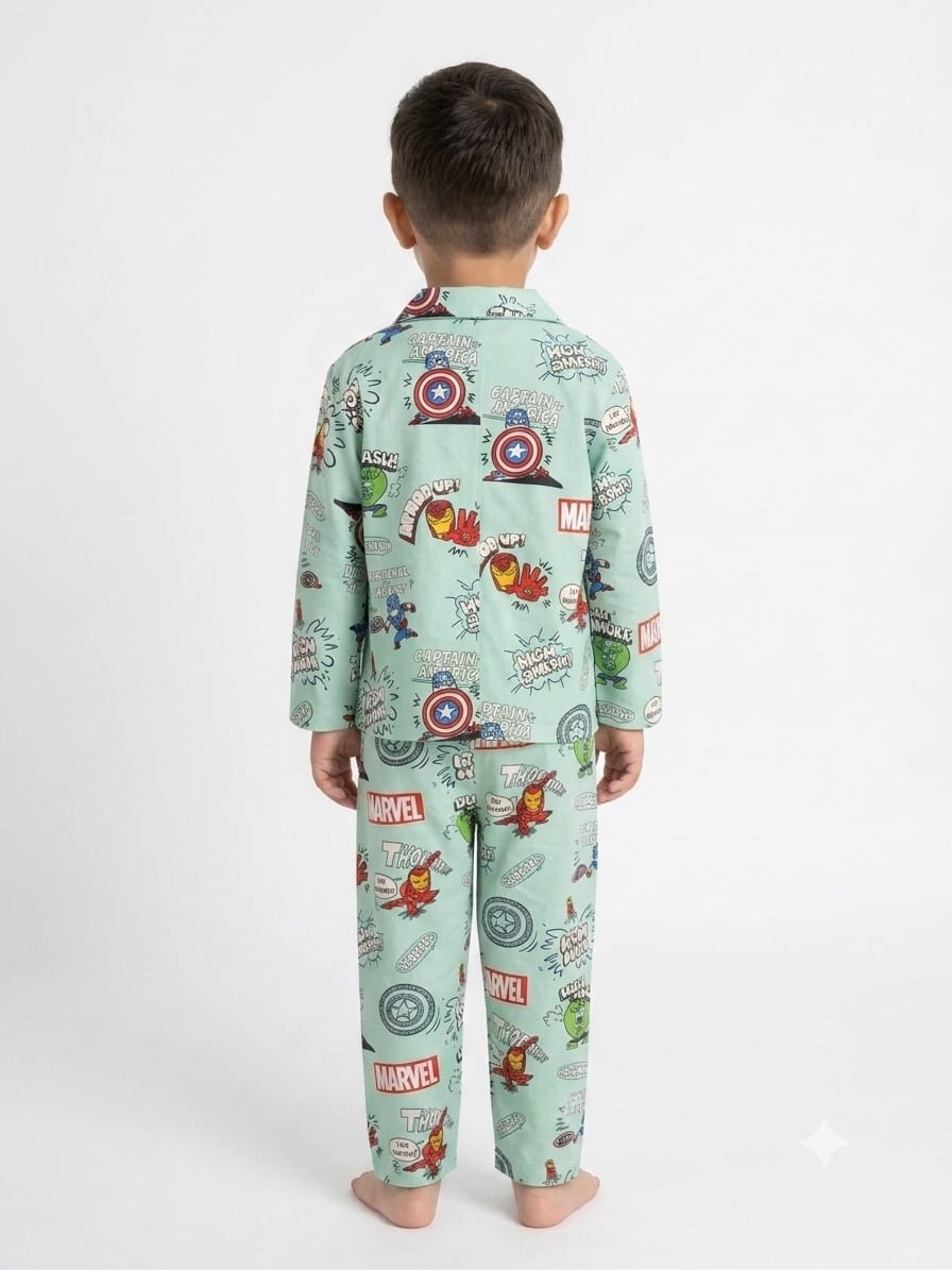 Boys' Mint Green Marvel Avengers Printed Pyjama Nightwear Set.