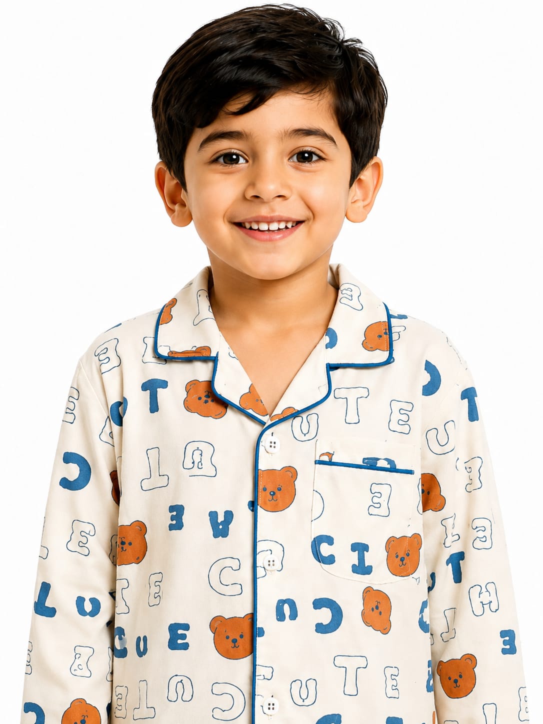 Boys' Off-White "Cute" Teddy Bear Printed Pyjama Nightwear Set