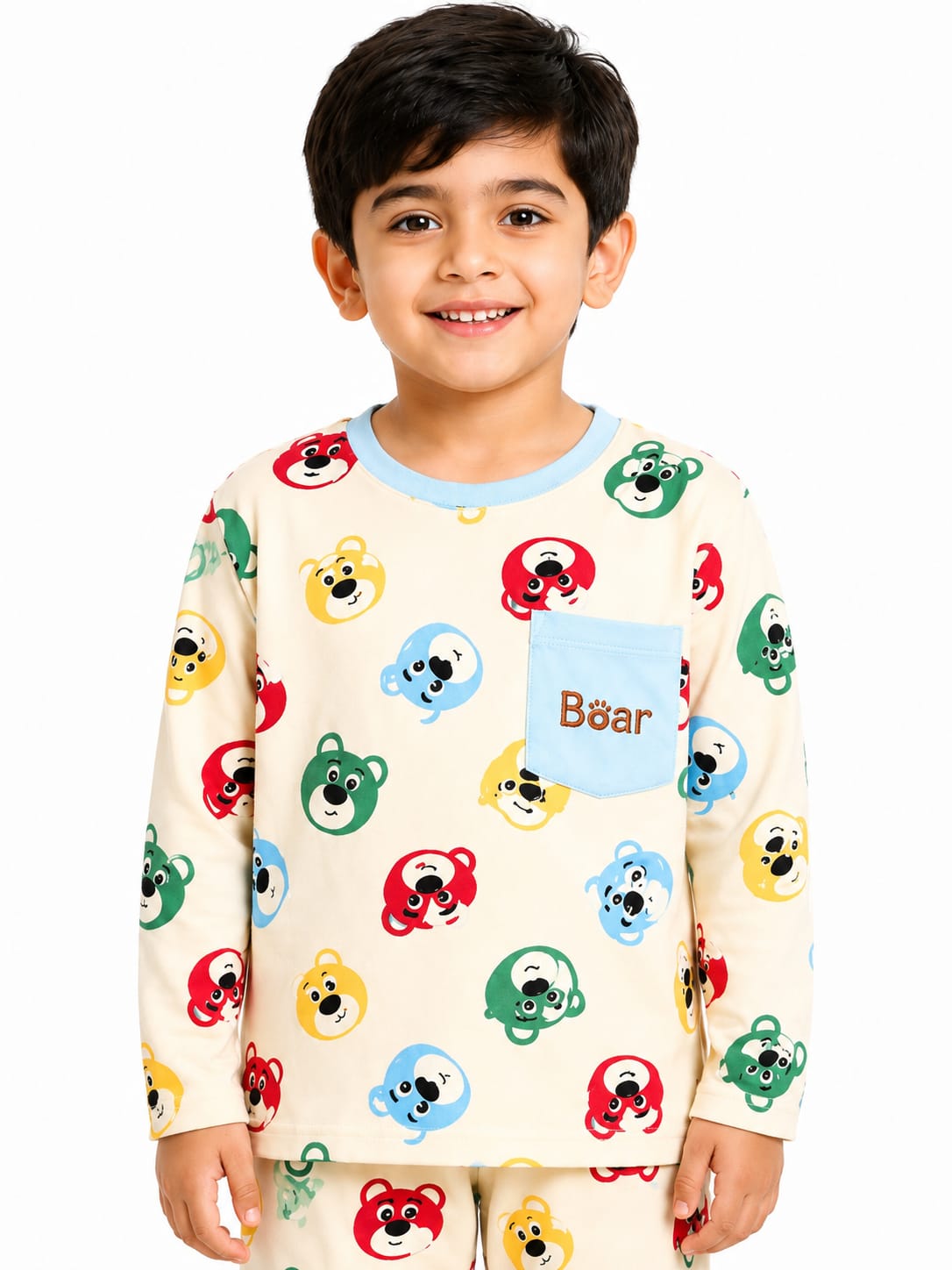 Boys' Off-White Colorful Bear Printed Pyjama Nightwear Set