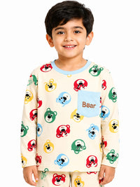 Boys' Off-White Colorful Bear Printed Pyjama Nightwear Set