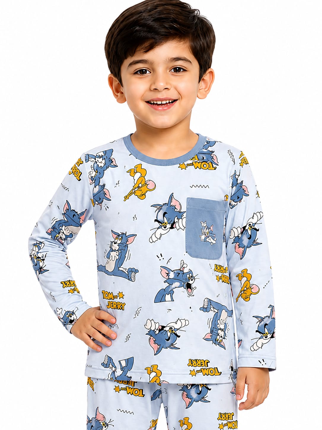 Boys' Light Blue Tom and Jerry Printed Pyjama Nightwear Set