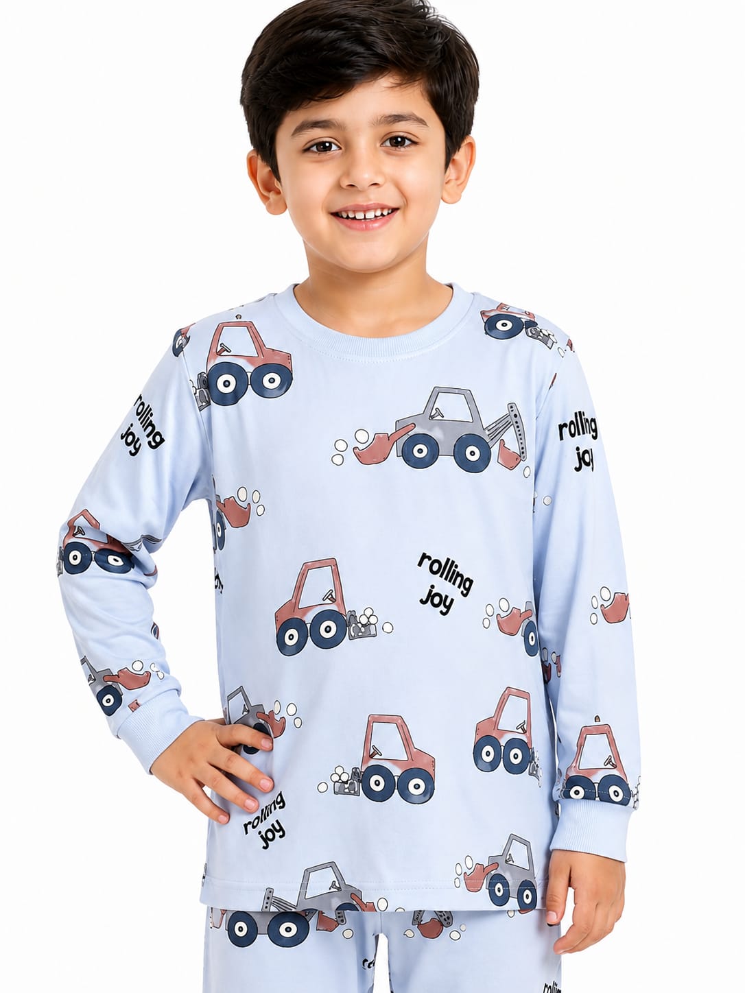 Boys' Light Blue Construction Vehicle Printed Pyjama Nightwear Set