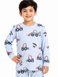 Boys' Light Blue Construction Vehicle Printed Pyjama Nightwear Set