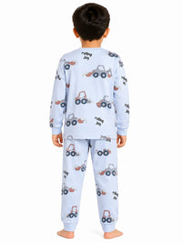 Boys' Light Blue Construction Vehicle Printed Pyjama Nightwear Set