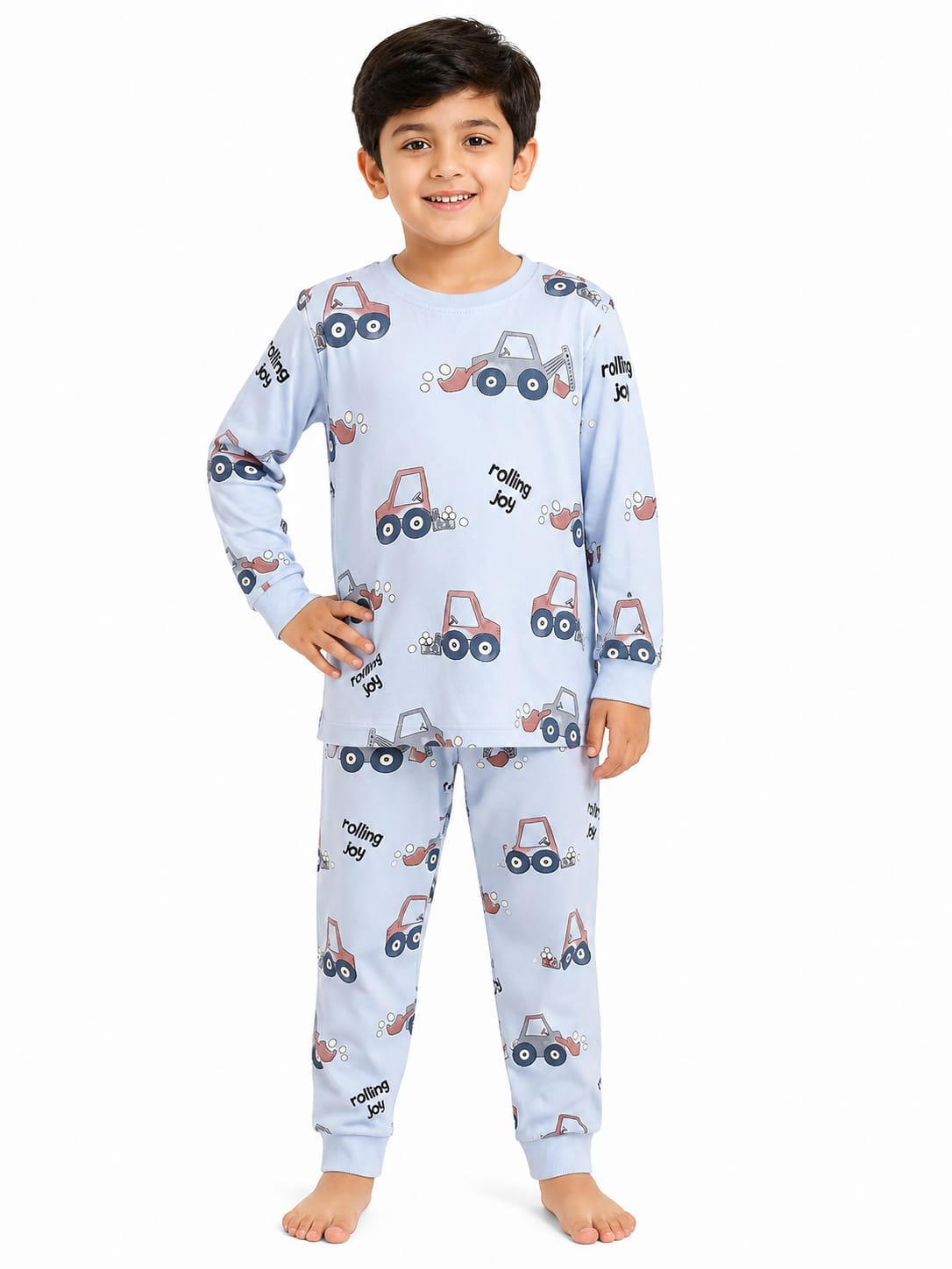 Boys' Light Blue Construction Vehicle Printed Pyjama Nightwear Set