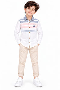 Boys' White Striped Cut & Sew Casual Shirt.