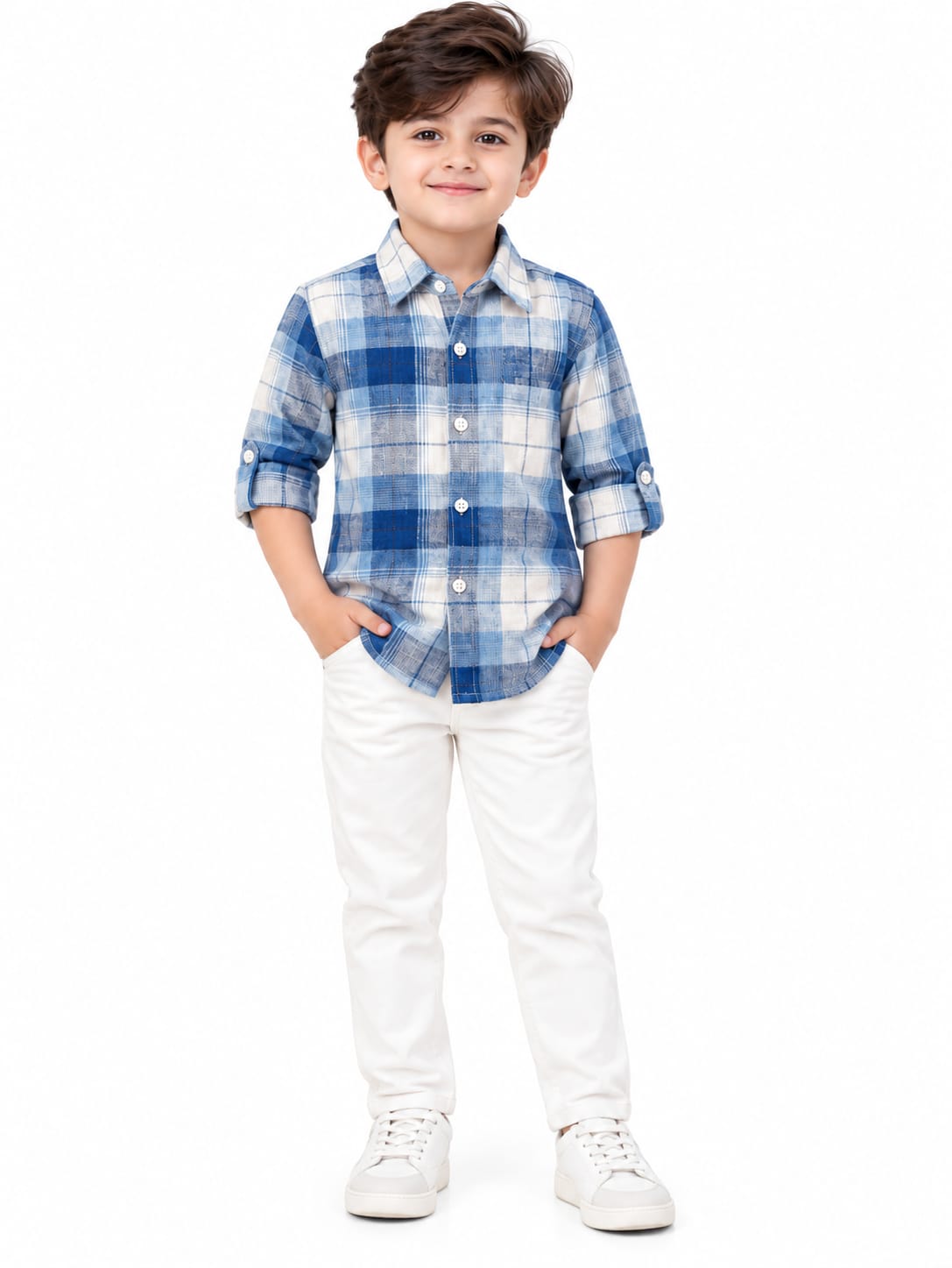 Boys' Blue & White Plaid Checked Roll-Up Casual Shirt.