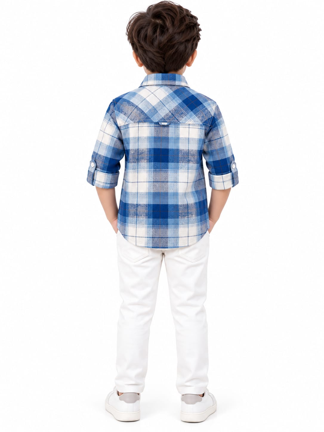 Boys' Blue & White Plaid Checked Roll-Up Casual Shirt.