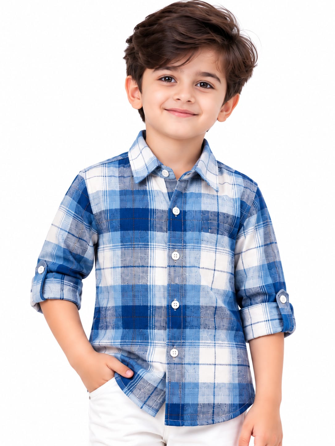 Boys' Blue & White Plaid Checked Roll-Up Casual Shirt.