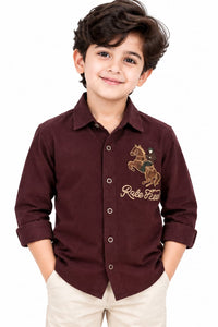 Boys' Maroon Embroidered Horse Graphic Casual Shirt.