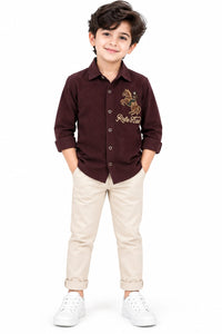 Boys' Maroon Embroidered Horse Graphic Casual Shirt.