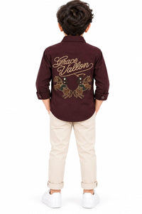 Boys' Maroon Embroidered Horse Graphic Casual Shirt.