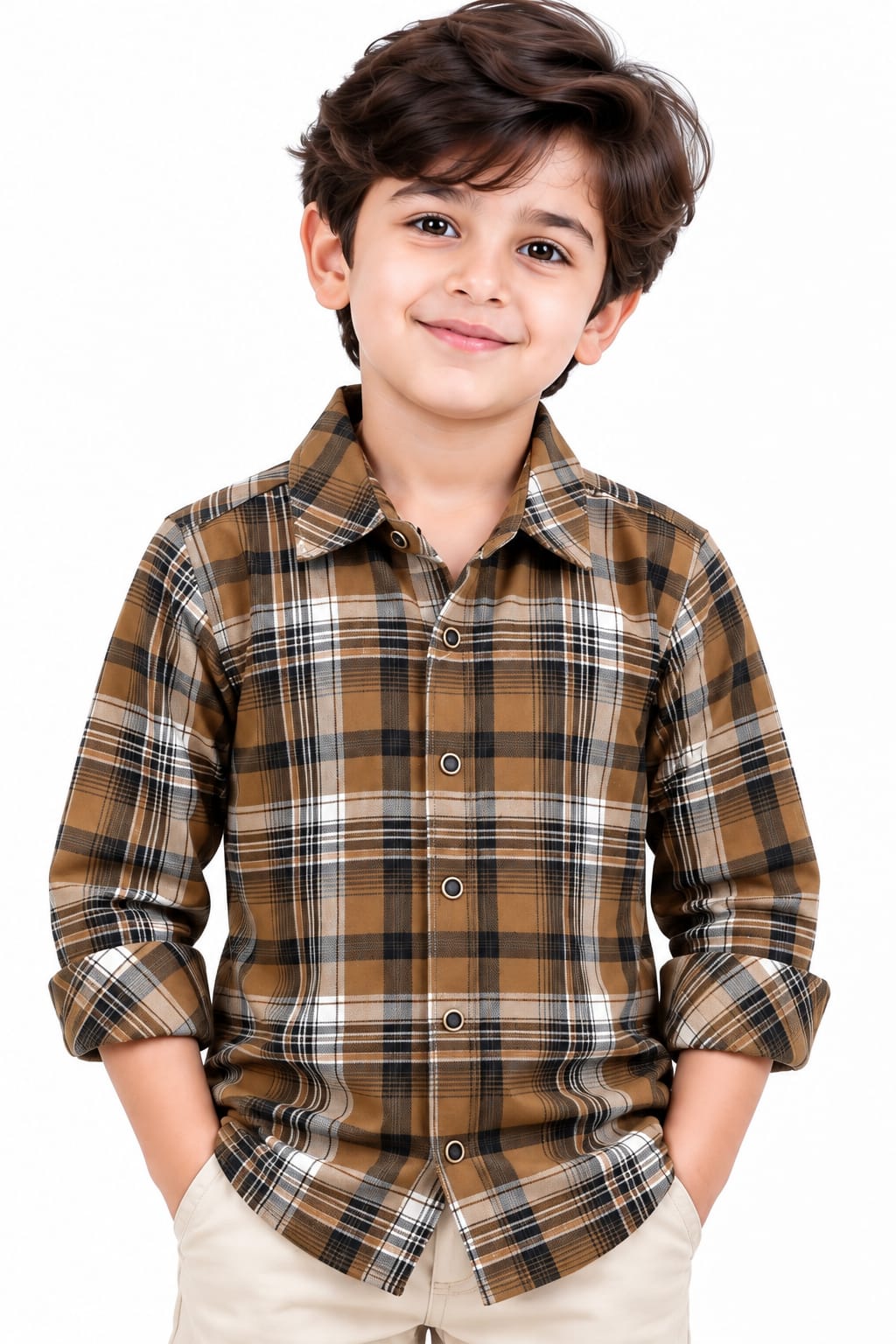 Boys' Brown & Black Plaid Checked Casual Shirt.