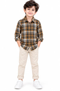 Boys' Brown & Black Plaid Checked Casual Shirt.