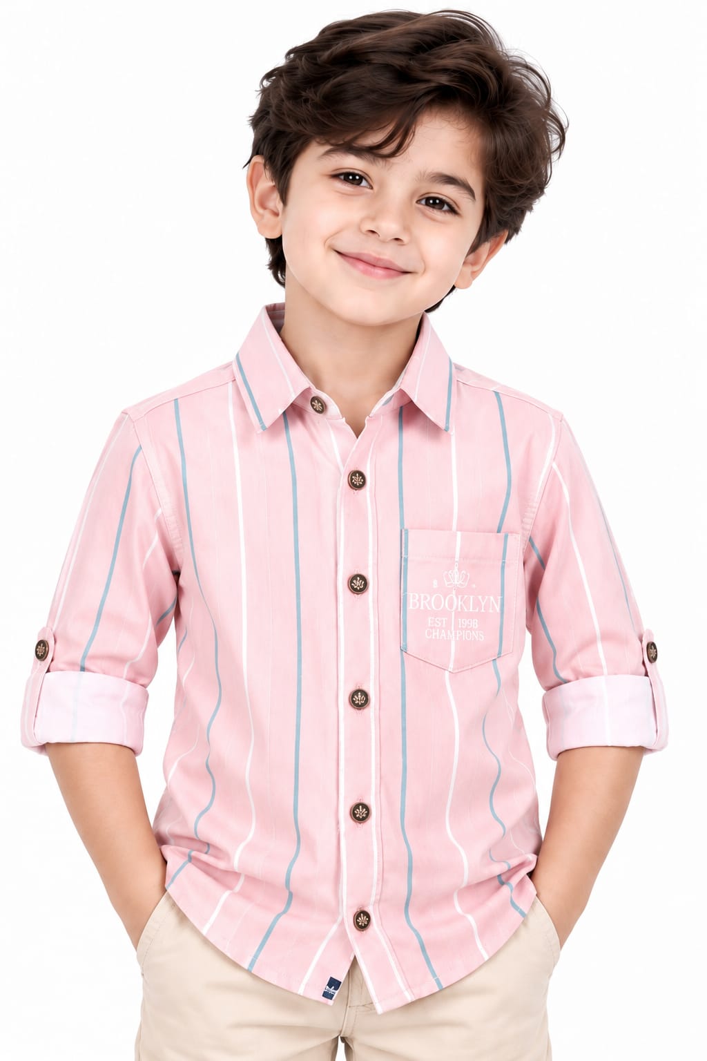 Boys' Pink Vertical Striped Pocket Detail Casual Shirt.