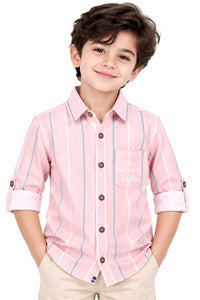 Boys' Pink Vertical Striped Pocket Detail Casual Shirt.