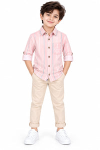 Boys' Pink Vertical Striped Pocket Detail Casual Shirt.